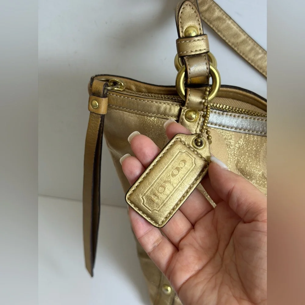 Coach Signature Stripe Studded Lurex Tote in a Gold Colorway - Picture 4 of 13